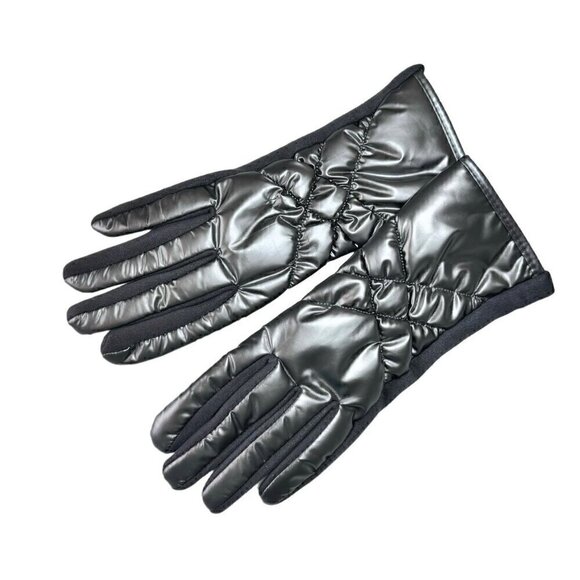 NEW Winter Puffer Gloves Sz.M 7 Gray Metallic Nylon Fleece Touchscreen Friendly - Picture 4 of 10